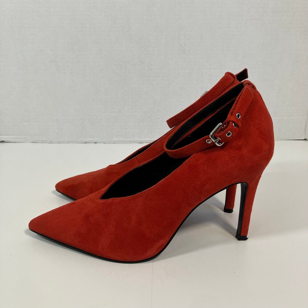 Nine West 7.5 Bright Red Suede Pointed Toe Ankle Strap High Heel Pumps Stilettos